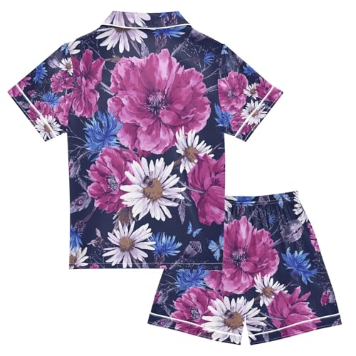 senya Wildflower Daisy Blue Butterflies Satin Summer Pajama Sets Silk Short Sleeve Button Down Sleepwear2