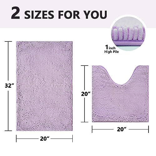 Image of BOANKODU Bath Mat Set, 2-Piece Very Soft Chenille Bathroom Rugs, Non-Slip, Machine Washable (Lavender, 32x20 Inch U-Shaped + 20x20 Inch)