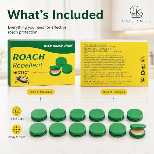 Image of GwernKB Cockroach Trap for Kitchen, 12 Pack Cockroach Repellent Bait Cups for Home, Roach Trap for Cabinets, Under Sink & Behind Appliances, Odorless Compact Control Bait Stations