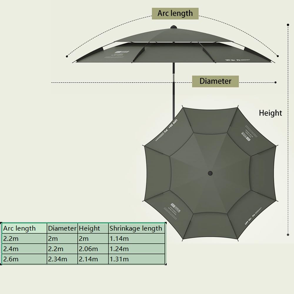 Ombrellone da pesca antivento, a doppio strato con 16 stecche inclinabili, ideale per esterni, con borsa per il trasporto, 2,2/2,4/2,5 m (verde, 2,4 m/2,4 m)