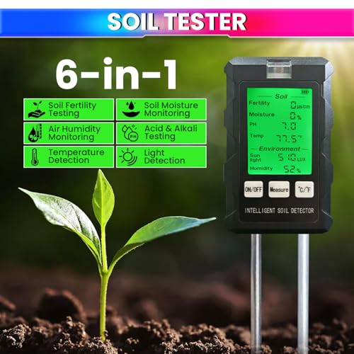 Image of amiciSense 6-in-1 Soil Tester - Ultimate Soil Health Meter with Dual 180mm Probes | pH, Fertility, Temperature, Moisture, Humidity & Sunlight Analyzer for Garden, Lawn, Farm & Indoor Plants