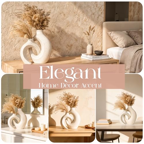Set of 2 Elegant Donut Style Ceramic Vases – Boho Nordic Romantic Hugging Flower Decorative Vases for Pampas Grass, Bedroom, Living Room, Mantle, Book Shelf, Entryway Table 8.4 Inch Beige - Image 3
