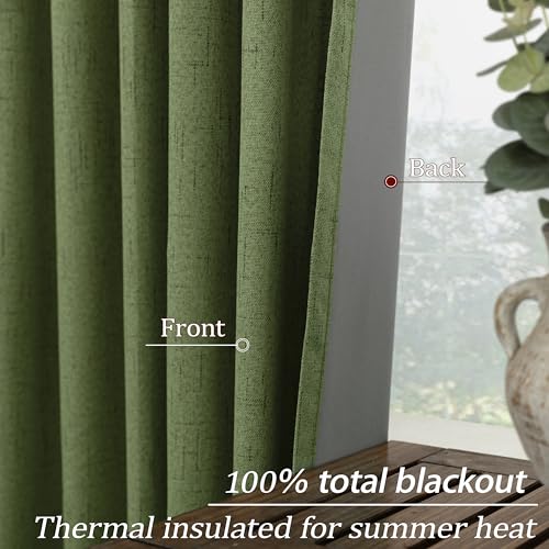 Image of KOUFALL 108 Inch Long Olive Green Linen Boho Back Tab Blackout Curtains for Bedroom Living Room 2 Panels Set