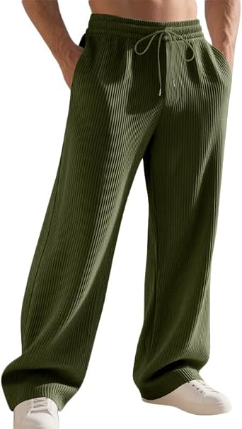 Mens Textured Casual Pants, Relaxed Fit Elastic Waist Drawstring