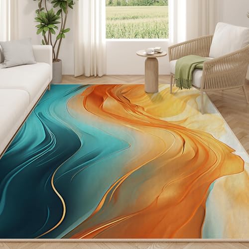 Tapete decorativo 5'x7' naranja y teal lavable antideslizante