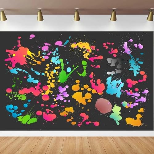 Colorido telón de fondo de fotografía con salpicaduras de pintura, fondo de graffiti, pancarta de neón para fiesta de cumpleaños