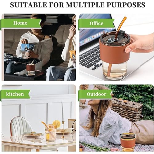 Image of Glass Coffee Cup with Straw & Lid, Anti Skid Leather Sleeve Grip Handle Tumbler Mug for Hot & Cold Beverages,Tea Coffee Smoothies Juice 400ML(Set of 1)