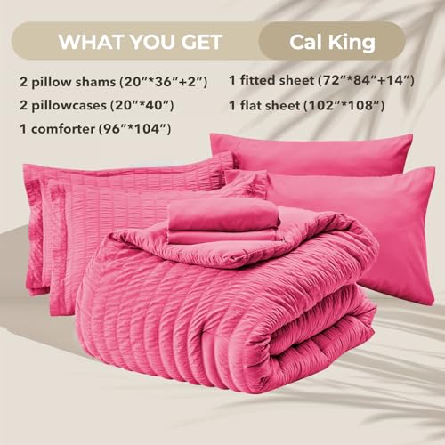Image of HYMOKEGE Hot Pink California King Comforter Set Seersucker 7 Pieces, All Season Luxury Bed in a Bag for Bedroom, Bedding Set with Comforter, Sheets, Pillowcases & Shams