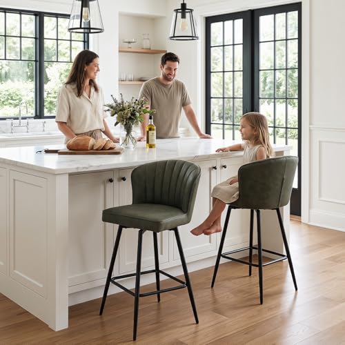 Image of EALSON 26 Inch Leather Bar Stools Set of 2 Modern Counter Height Barstools with Backs and Metal Legs Upholstered Breakfast Bar Chairs for Kitchen Island,Cafe, Restaurant, Green