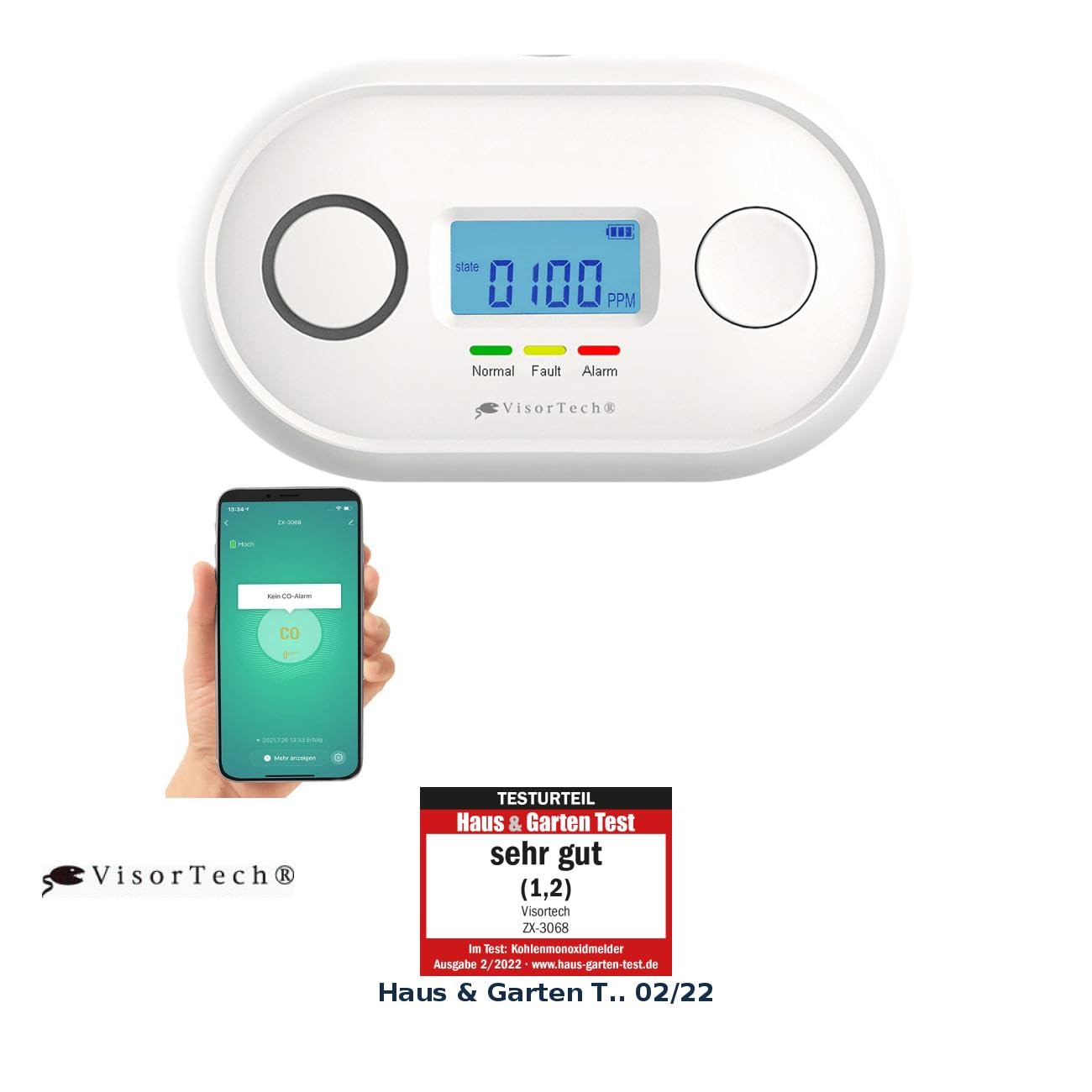 VisorTech WLAN CO Melder: WLAN-Kohlenmonoxid-Melder, LCD-Display, App, 85dB, gem. DIN EN 50291-1 (Kohlenmonoxidmelder WLAN, Kohlenmonoxidmesser, Rauchmelder)