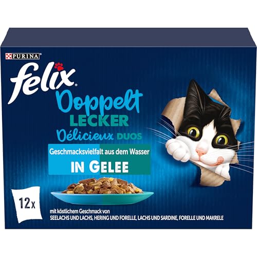 Felix So gut wie es aussieht Doppelt Lecker Katzenfutter nass in Gelee, Fisch Sorten-Mix, 6er Pack (6 x 12 Beutel à 85g)