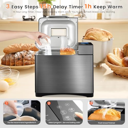 Image of KBS 710W 2LB Bread Maker Dual Heaters, 17-in-1 Stainless Steel Bread Machine with Healthy Ceramic Pan, Automatic Nut Dispenser, Tempered Glass Touch Panel, 3 Crust Colors, 15H Timer& Keep-Warm,Recipes