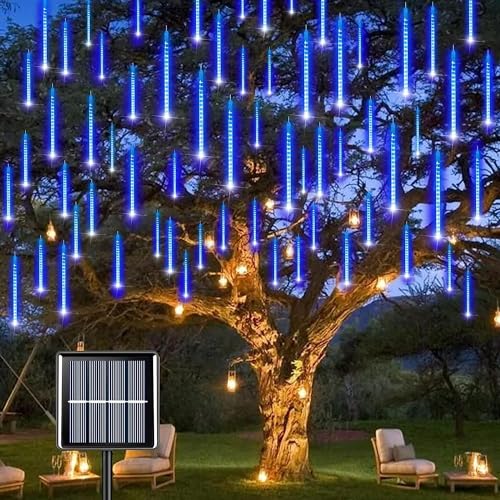 Luci a Pioggia di Meteoriti Led, Catena luminosa Solare 10 Tubi di 30cm con 360 Led, Luci da Pioggia Cadenti Impermeabili (Blu)