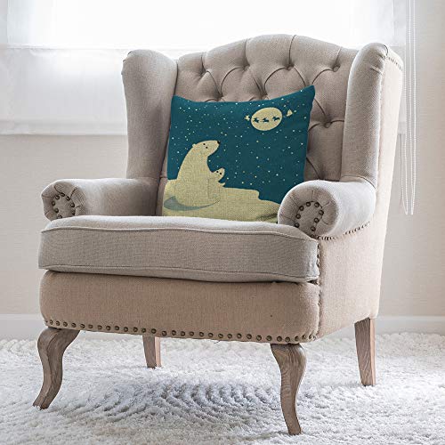 Moslion Bear Pillow Cover Polar Bears Dad Son Watching Reindeer Moon Throw Pillow Case 18X18 Inch Cotton Linen Canvas Decorative Square Cushion Cover For Sofa Bed Blue Beige #TOP4