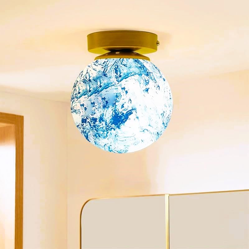 Globe Ceiling Light with Blue Marble Glass Shade, Gold Finish, Dual Use as Wall or Ceiling Lamp (Pack of 1)-image-1