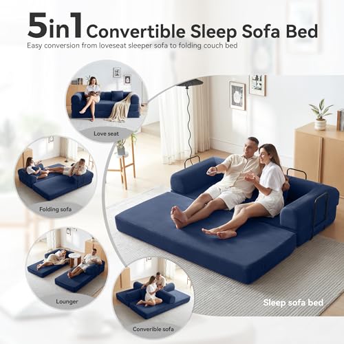 Image of Convertible Sofa Bed with Corduroy Pillow,Comfy Floor Sofa Bed Compressed Sofa in Box, Convertible Sofa Bed for Living Room Bedroom Lounge Studio, Comfy High Density Foam Mattress(Navy Blue)