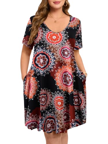 Image of ZENNILO Women's Plus Size Swing Dress with Pockets Casual Summer Dresses V Neck Short Sleeve T Shirt Dress for Women