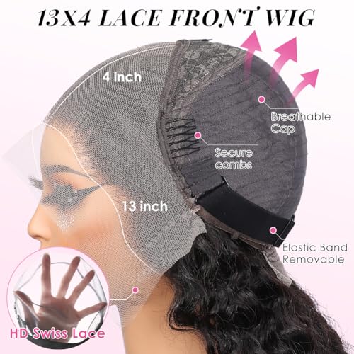 Image of CYNOSURE 13x4 Deep Wave Lace Front Wigs Human Hair Pre Plucked 180% Density Brazilian Deep Curly HD Transparent Lace Frontal Wig with Baby Hair Natural Black Color 18 inch