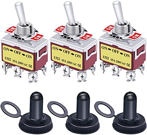 Taiss 3pcs Heavy Duty Toggle Switch DPDT ON/Off/ON 6 Terminal Metal Rocker Toggle Switch 20A 125V with 3pcs Waterproof Cover Ten-1322