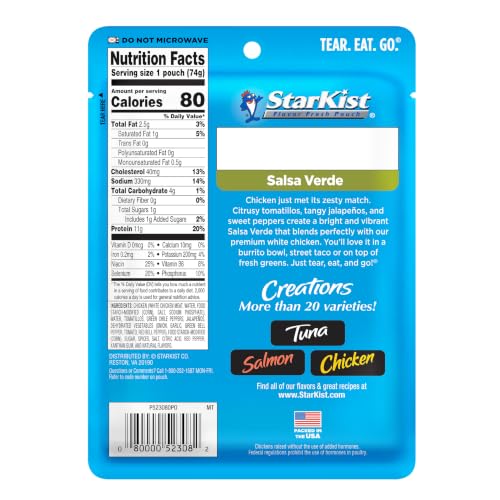 Image of StarKist Chicken Creations Salsa Verde, 2.6oz Pouch, 12-Pack | 11g Protein Per Serving, Fully Cooked White Meat, No Draining, Ready to Eat for Salad and Sandwiches