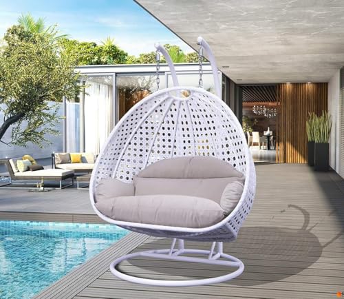 Image of Double Seater Hammock Swing Chair with Stand & Cushion | Heavy Duty Powder Coated Steel Frame | Outdoor Indoor Hanging Swing for Patio Balcony Garden Terrace Living Room (White-Grey)