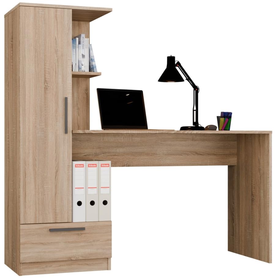 BDW Cosmo - Escritorio con estantes, 143 cm de Ancho, 140 cm de Alto, 50 cm de Profundidad, Estante Integrado con Puerta, cajón, habitación Infantil, Oficina, Adolescente, Roble Sonoma