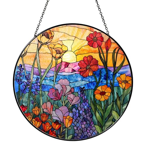 RVEAFA Wildflowers Sun Catcher Stained Glass Window Hanging Plant Lover Gifts for Women Wildflowers Wall Decor Handmade Sun Catcher Decoration for Window Garden Home Christmas & Birthday Gifts