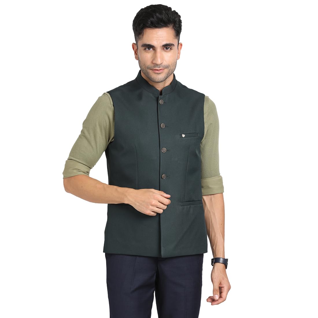 turtle Men 100% Cotton Dark Green Solid Formal Nehru Jacket-picture-20