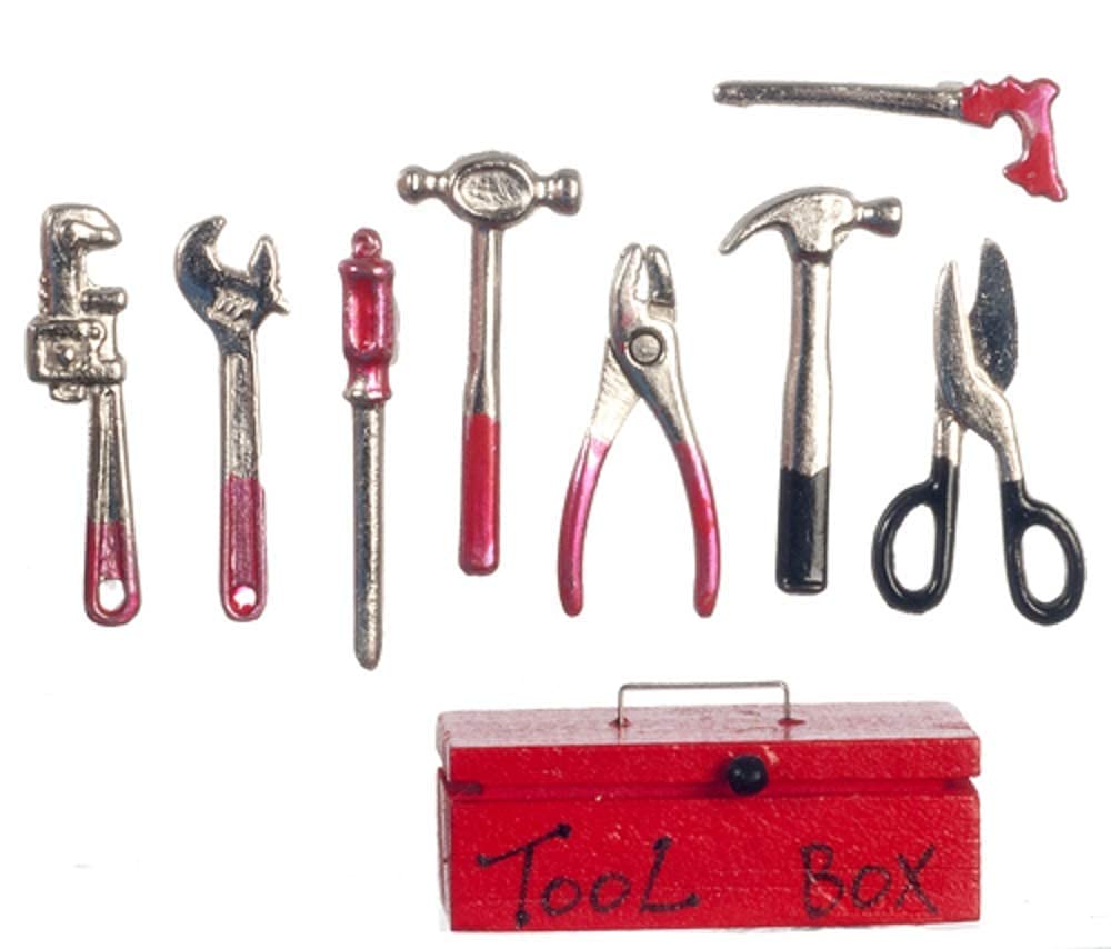 Melody Jane Dolls House Red Tool Box & Metal Tools Miniature Garden 1:12 Shed Work Accessory