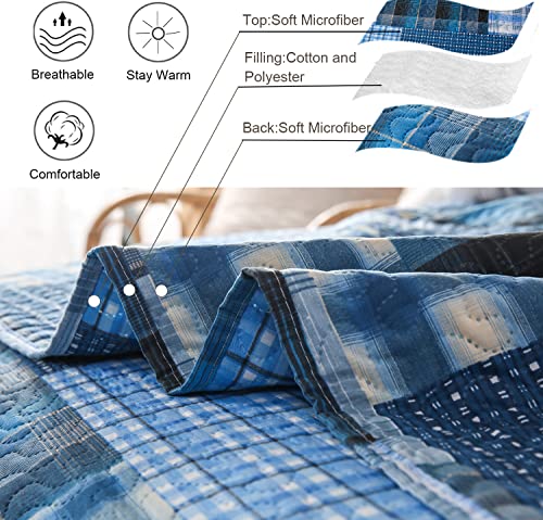 Quilt Set Queen Size Bedspread Coverlet Blue Plaid Patchwork Quilt Bedding Mens Boys Quilts Queen Bed Home Reversible Quilt Bedspread Lightweight Coverlet Soft Microfibers Quilt Set All Season #TOP6