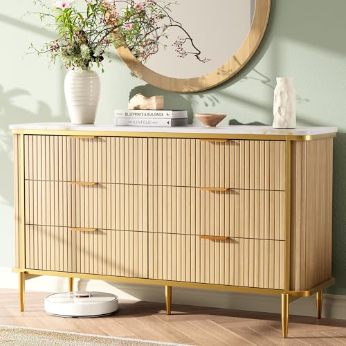 OneBlis Fluted 6 Drawers Dresser for Bedroom 55 Wide Modern Vertical Chest with Faux Marble Top Dresser TV Stand Wood Drawer Organizer for Living Room Hallway