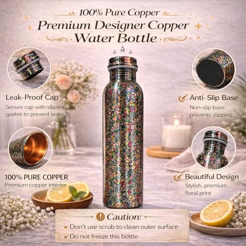 Image of JAIPUR ACE Hammered Pure Copper Water Bottle with Glass Set | 100% Copper Bottle Set | Leak Proof, Ayurvedic Health Benefits, Premium Design Gift Set for Home, Office, Gifting (Beautiful Flowery)
