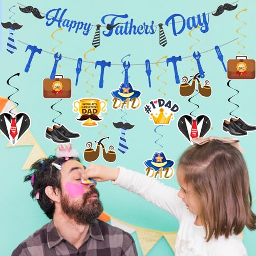 Image of 32 PCS Happy Fathers Day Banner Hanging Swirls Set - Happy Father's Day Party Decorations Supplies for Dad Birthday Party