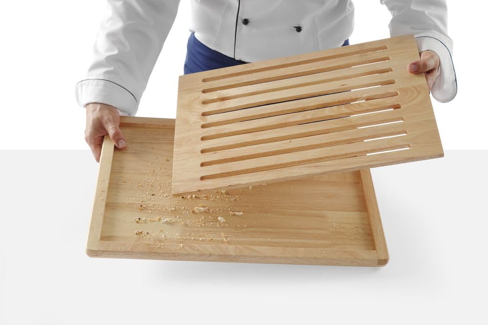 HENDI Tabla para cortar pan, con rejilla extraíble y bandeja recogemigas, tabla de picar pan, tabla de cocina, 475x322x(H)20mm, madera de caucho