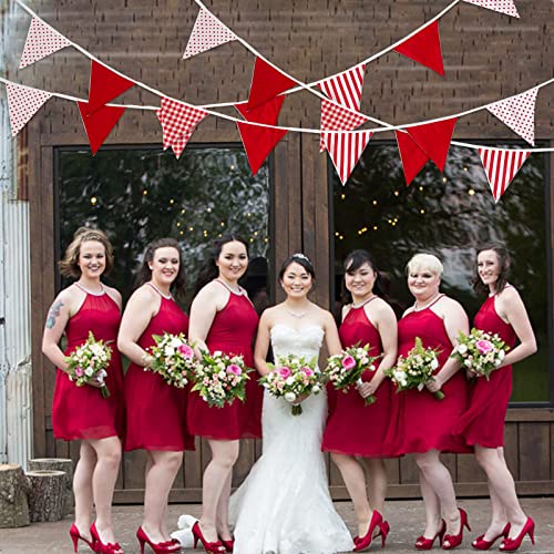 Image of Zwiebeco 32Ft Red White Plaid Stripe Dot Fabric Bunting Banner Triangle Flags Cotton Garland Pennant for Birthday Wedding Engagement Carnival Party Classroom Nursery Home Outdoor Garden Decorations