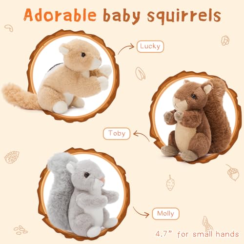 Image of MaoGoLan 4Pcs Squirrels Stuffed Animal, Realistic Squirrel Plush Toys with 3 Baby Squirrels for Small Hand, Adorable Stuffed Squirrels Gift for Forest Animal Lover,Girls,Boys,Kids,Baby Shower