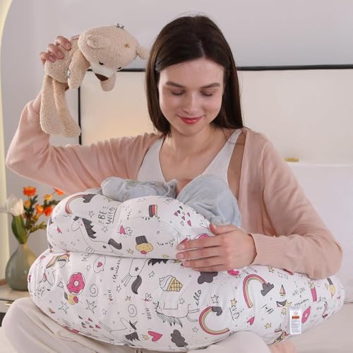 Image of Proliva Feeding Pillow for New Born Baby with Detachable Cover Breast Feeding & Maternity Nursing Pillow for Breastfeeding Support for Baby Feeding Pillow for Mom (White-Unicorn-A2)