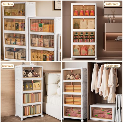 Image of Storage Boxes with Lid, Plastic Storage Boxes with 1 Lid 23L /Tier, 4-Tier Stackable Storage Boxes with Wheels, Folding Storage Bins, Storage Organizer for Bedroom Living Room Study Office