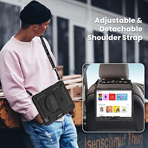 SEYMAC iPad Pro 12.9 Inch Case (6th/5th/4th/3rd Generation) 2022/2021/2020/2018, Shockproof Case with Screen Protector, Rotating Hand Strap & Stand, Shoulder Strap and Pen Holder for Pro 12.9 , Black