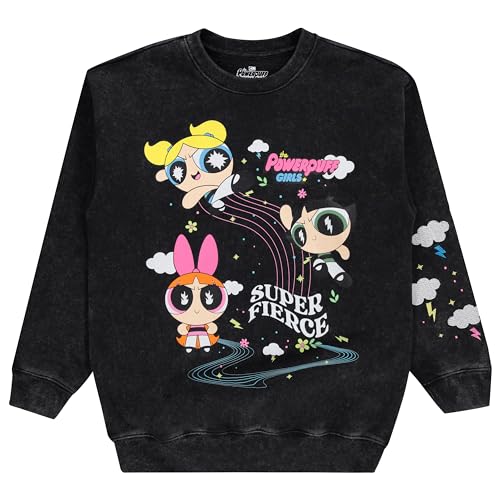 Ladies Powerpuff Girls Tiedye Sweatshirt - Powerpuff Girls Crewneck Sweatshirt - Blossom Bubble and Buttercup Sweatshirt (Black Wash, Large)