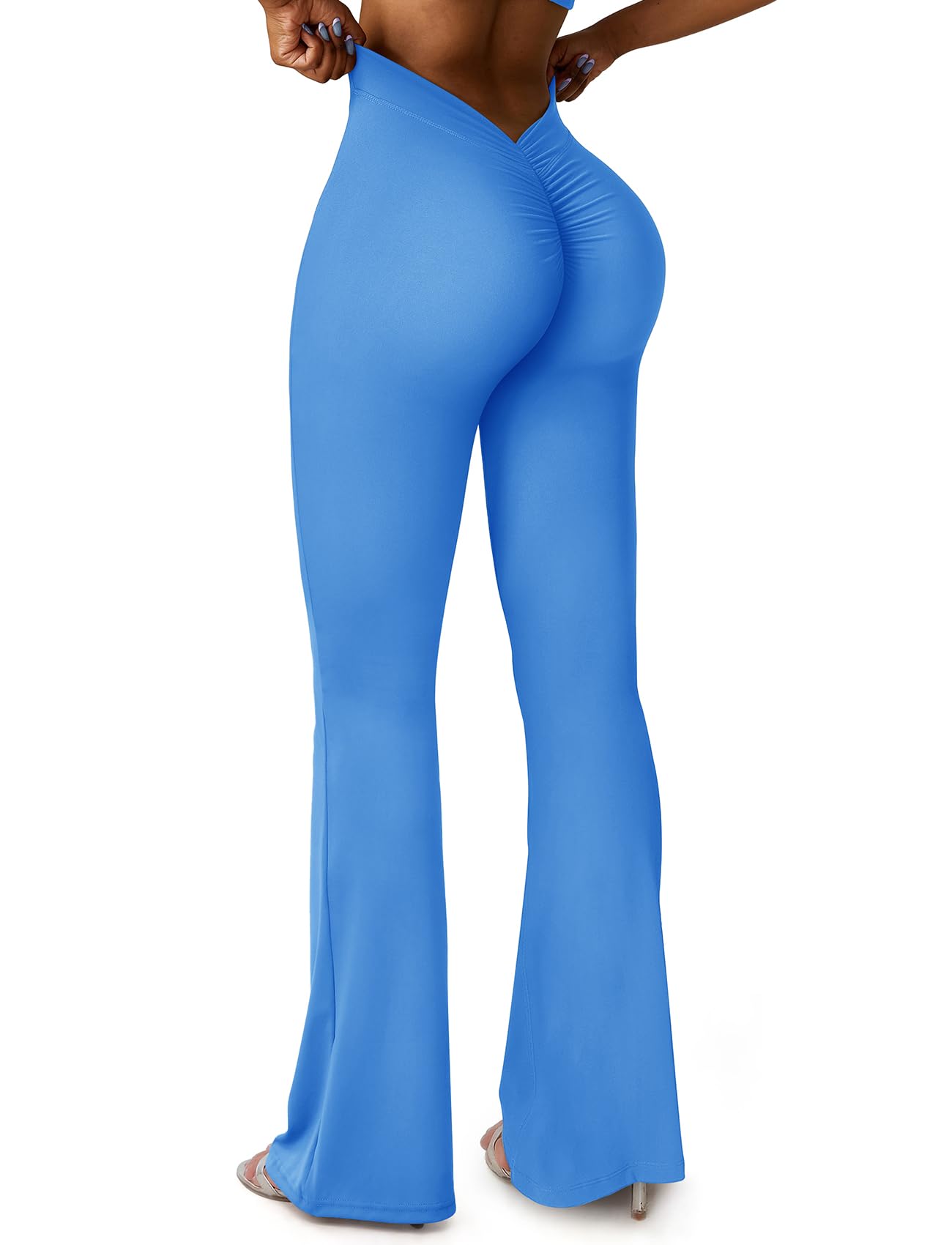 SEASUM V Back Scrunch Butt Flare Leggings for Women Waist Cut Shaped Ruched Bell Bottom Wide Leg Bootcut Yoga Pants