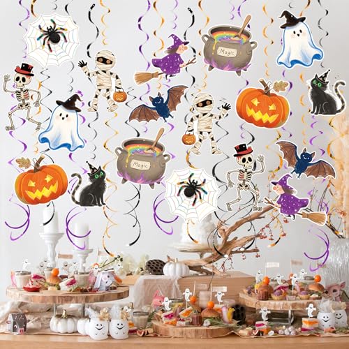 Image of Halloween Hanging Party Decorations, 48 Pcs,Ceiling Decor Indoor Swirl Witches Cauldron Ghost Pumpkin Skull Cat Witch Party Supplies Sign,Black Purple Orange