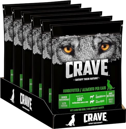 CRAVE Premium Trockenfutter mit Lamm & Rind für Hunde – Getreidefreies Adult Hundefutter mit hohem Proteingehalt – 6 x 1 kg