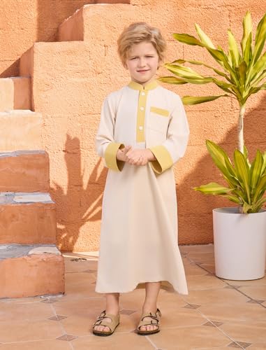 Image of OBEEII Boy's Muslim Arab Solid Color Thobe Long Sleeve Kaftan Embroidered Robe Islamic Arabic Abaya Thobe