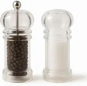 Kit 2 Moedores de Sal e Pimenta e Saleiro Acrílico com Mecanismo de Cerâmica Ajustável Ideal Para Moer Grãos e Condimentos Secos