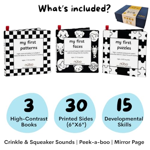 Image of Nubokind Flash Cards for New Born Baby | High Contrast Flash Cards for 0-3 Months (Pack of 3 Soft Books) | Black and White High Contrast Baby Toys for 0-6 Months | Sensory Tummy Time Toys for Babies