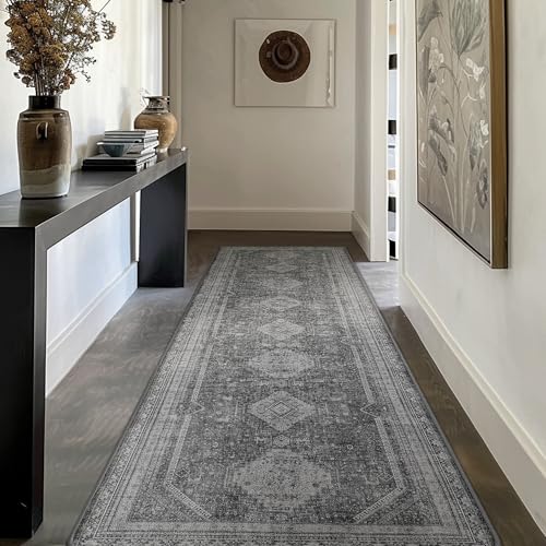GENIMO 2'6''x12 Non Slip Hallway Runner Rug, Machine Washable, Thin & Low Pile Lightweight for Kitchen, Laundry, Entryway, Bedroom & Living Room, Gray