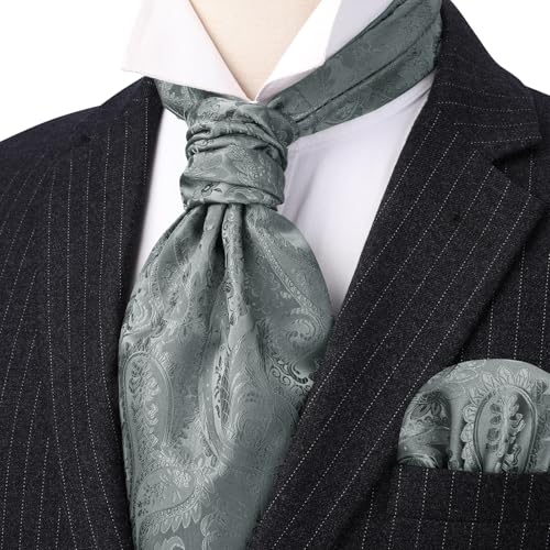Image of HISDERN Ascot Ties for Men Paisley Floral Ascot and Pocket Square Set Classic Self Tie Mens Cravat Handkerchief for Wedding