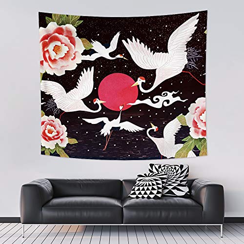 Qinunipoto タペストリー 日の丸 鶴と花 和風 180x160cm 家/お店 壁飾り 大判 おしゃれ インテリア 飾り 多機能 装飾布 部屋 雰囲気転換 新居お祝い 個性プレゼント ポリエステル製 [2]