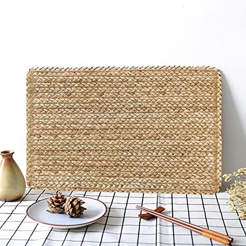 Image of Woven Placemats Set of 4 Rattan Placemats Rectangle Natural Placemats Wicker Heavy Braided Straw Placemat Farmhouse Square Plates Place mats for Indoor /Outdoor Patio Table 17.7'' X 11.8''